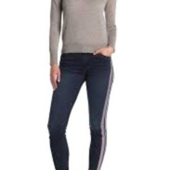 KUT from the Kloth Blue W/ Pink Stripe Raw Hem Ankle Skinny Jeans Size 6 - Picture 4 of 16